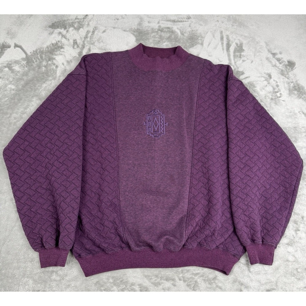 Vintage Koman Purple Pullover Sweater Mens Large Embroidered Geometric 80s Royal